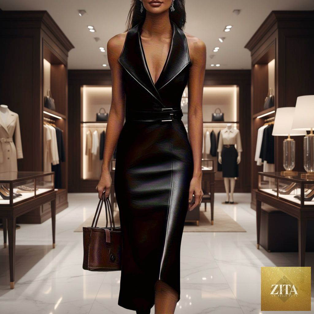 Women's sleeveless PU leather pencil dress with waist-cinching belt, stylish fitiqueFit fashion for elegant occasions.