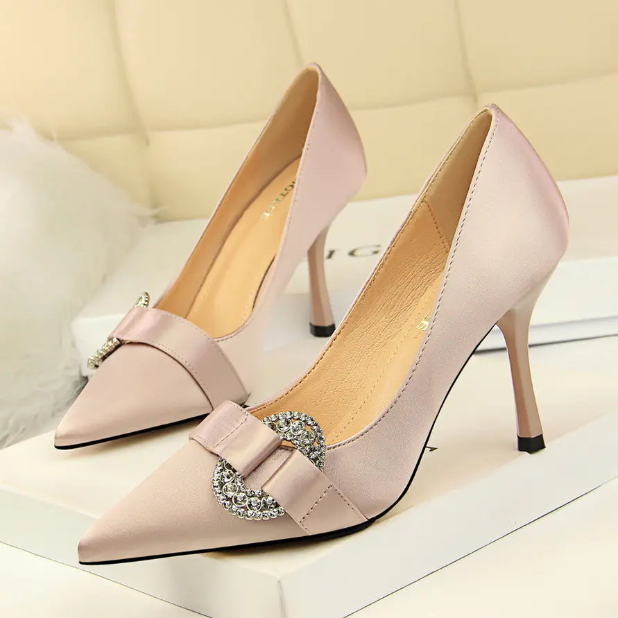 Women’s satin pointed toe high heel shoes with rhinestone buckle, stylish and elegant footwear from Trendy Attic Store01.