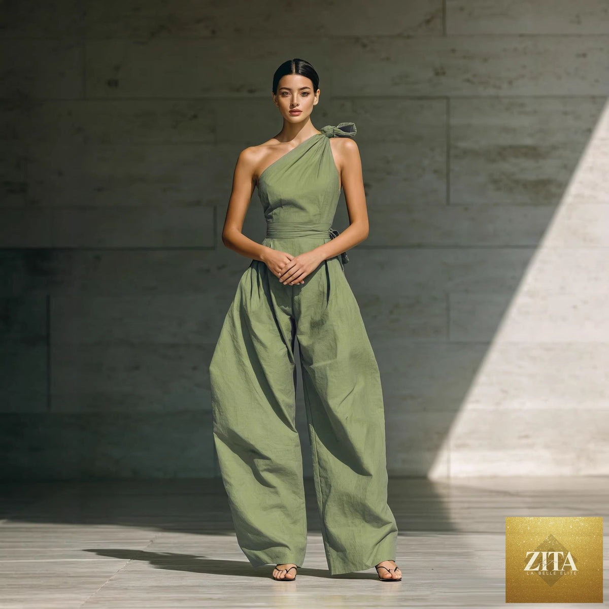 Women's sleeveless halter neck jumpsuit by Zita La Belle Elite, cinched waist, available in six colors, size S to 2XL.
