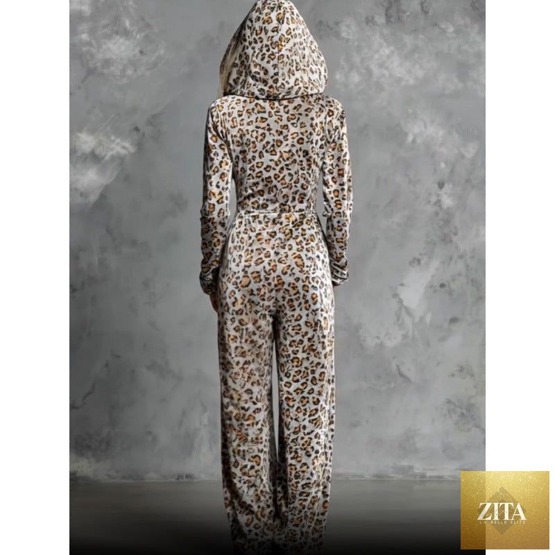 Leopard print petal sleeve hooded wide-leg jumpsuit from FitiqueFit, featuring a stylish design and comfortable fit.