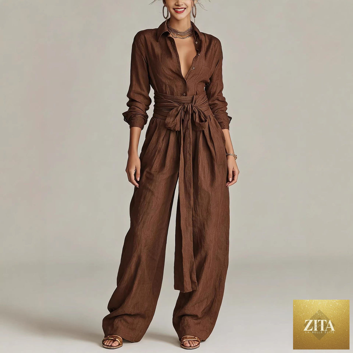 Zita La Belle Elite women's casual two-piece set with collar long sleeve top and high-waist pants in five colors.