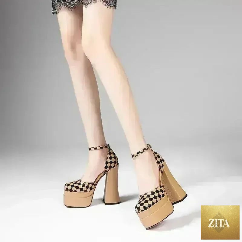 Femstylo leather super heels with colorblock design, chunky platform banquet high heels, stylish footwear for women