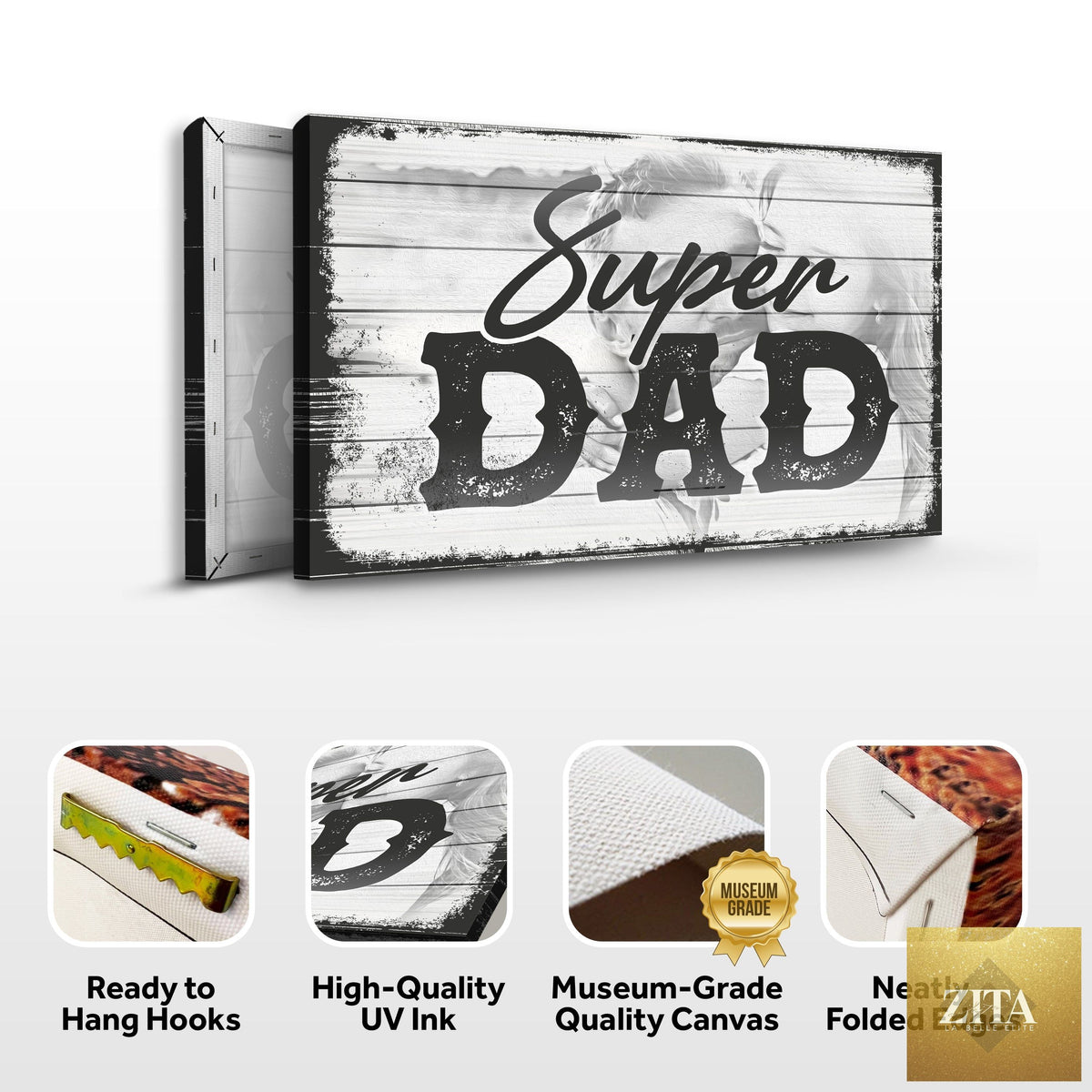 Canvas Father's Day sign with "Super Dad" text in colorful design by Tailored Canvases, suitable for celebrating dads.