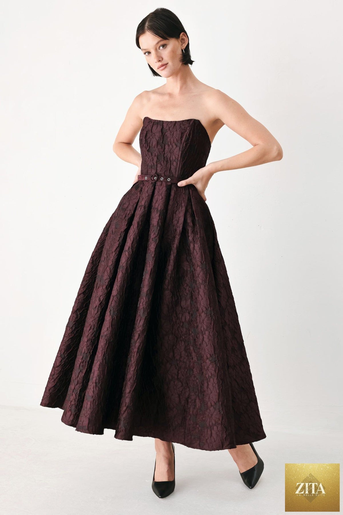 BURGUNDY COUTURE SWAY WOVEN MIDI DRESS