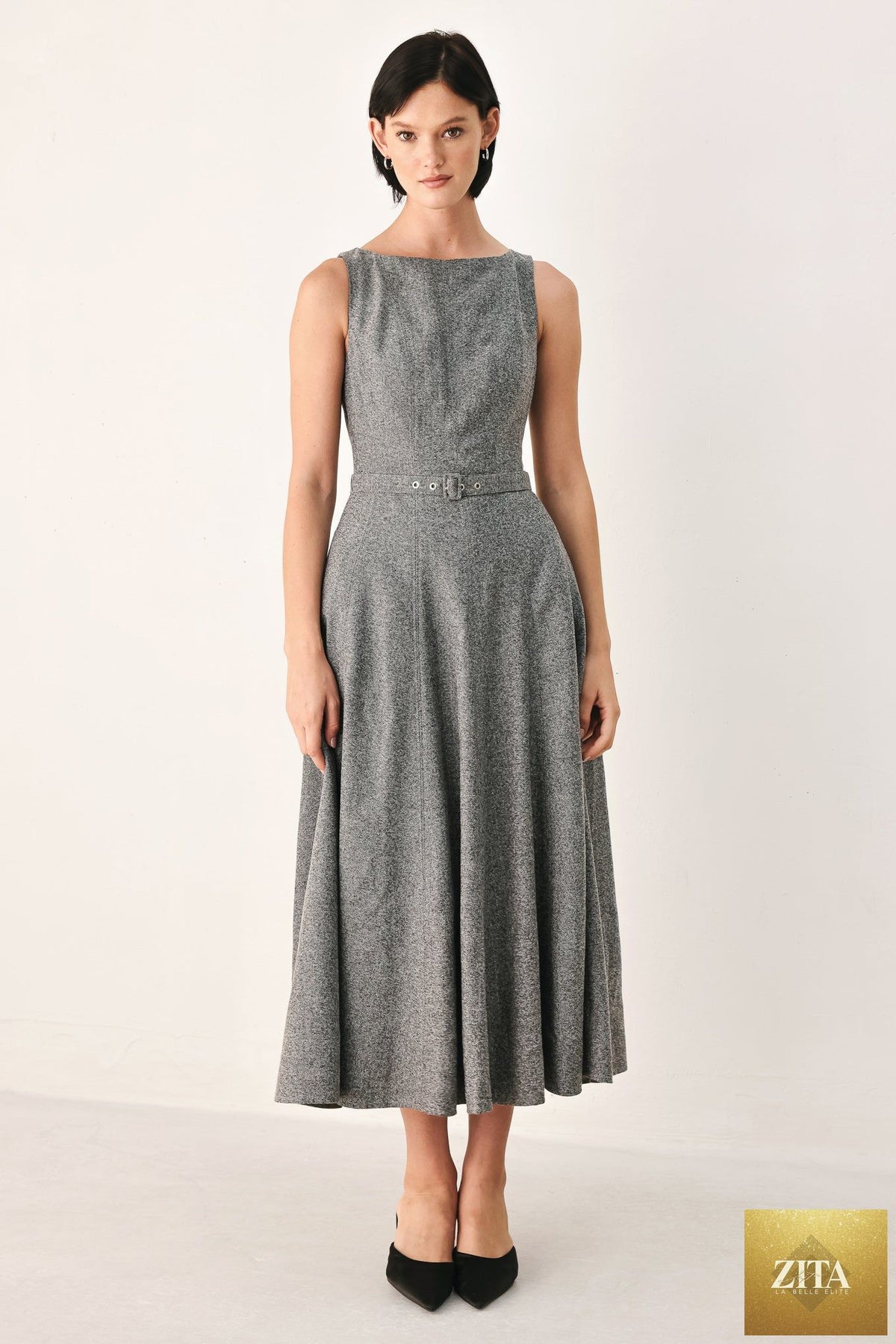 SILVER LINING BELTED A-LINE MIDI DRESS