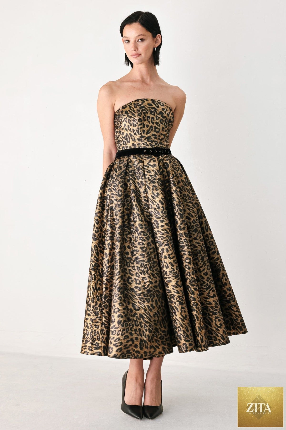 WILDLY GOLDEN LEOPARD STRAPLESS MIDI DRESS