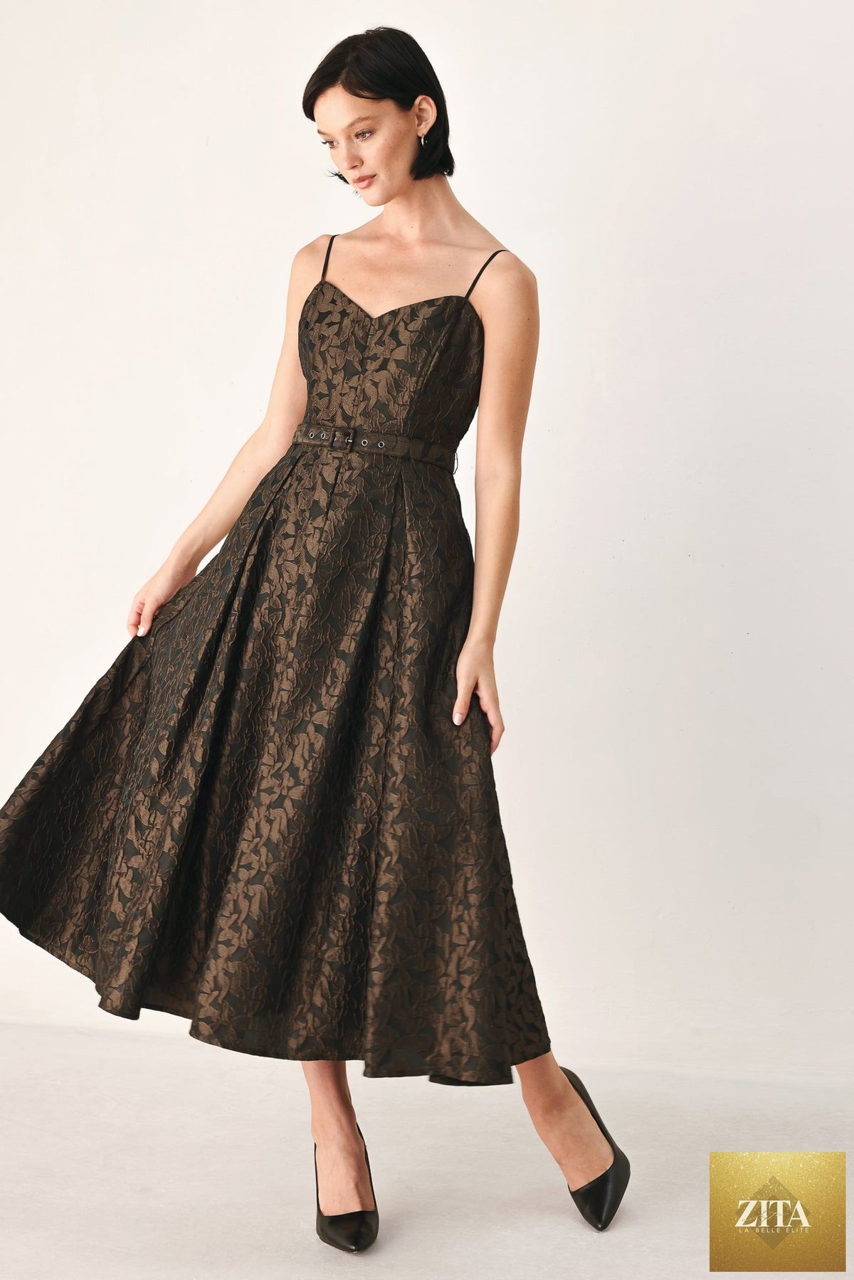 GOLDEN HOUR ROMANCE JACQUARD MIDI DRESS