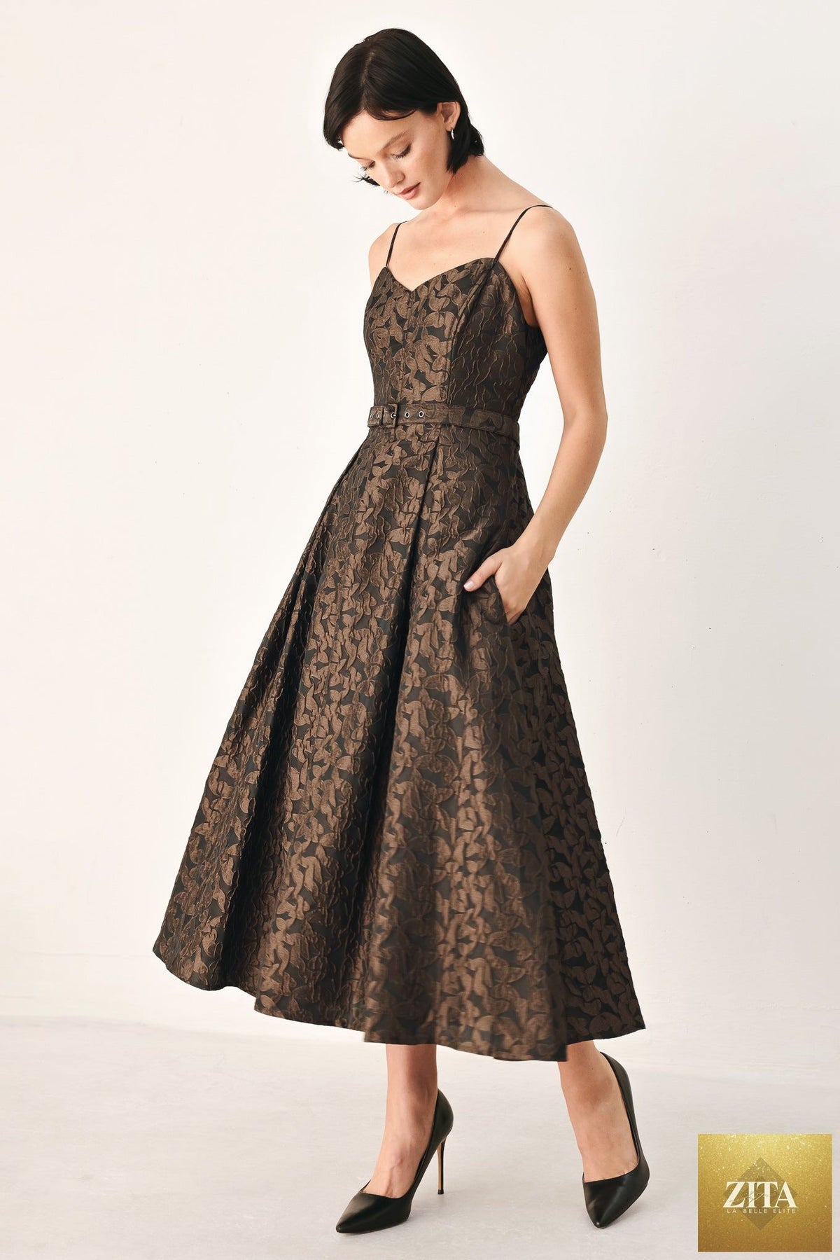 GOLDEN HOUR ROMANCE JACQUARD MIDI DRESS