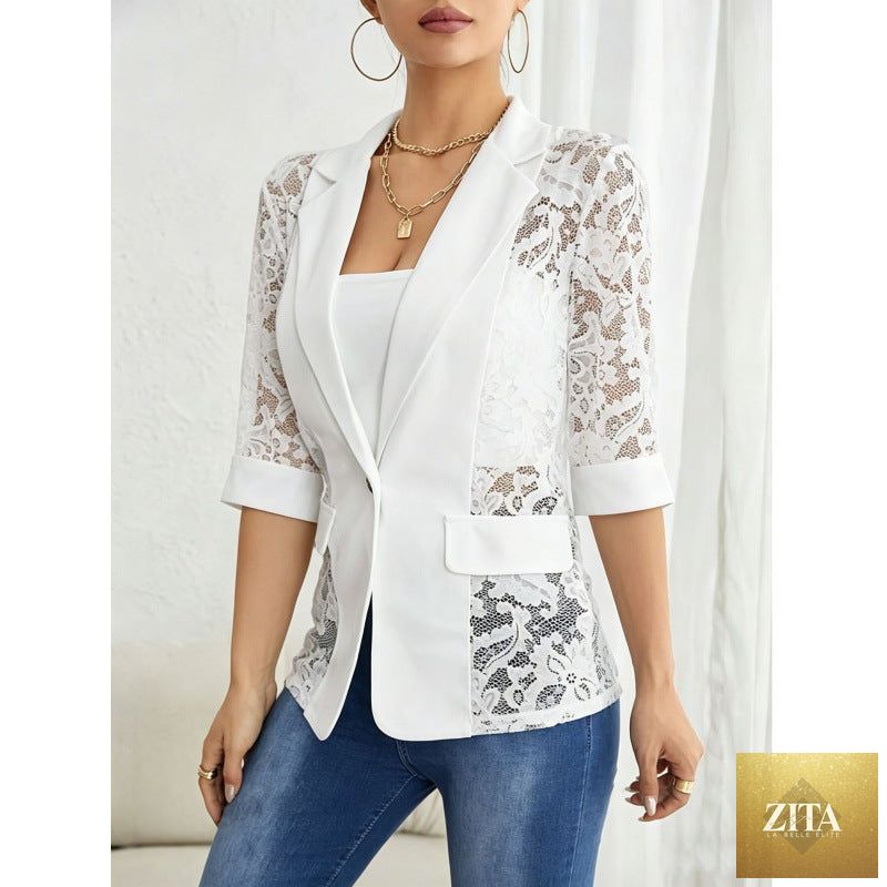 Women's lace patchwork blazer by FitiqueFit featuring three-quarter sleeves and a one-button closure in white and black.