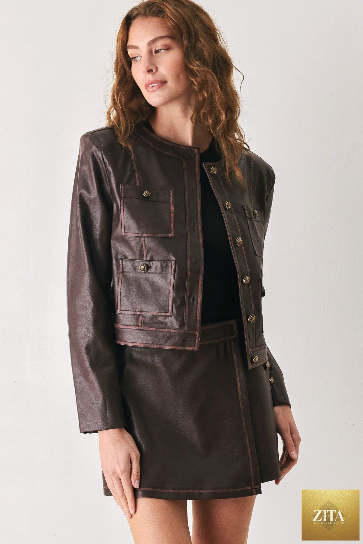 SADDLE STREET BROWN FAUX LEATHER CROPPED JACKET