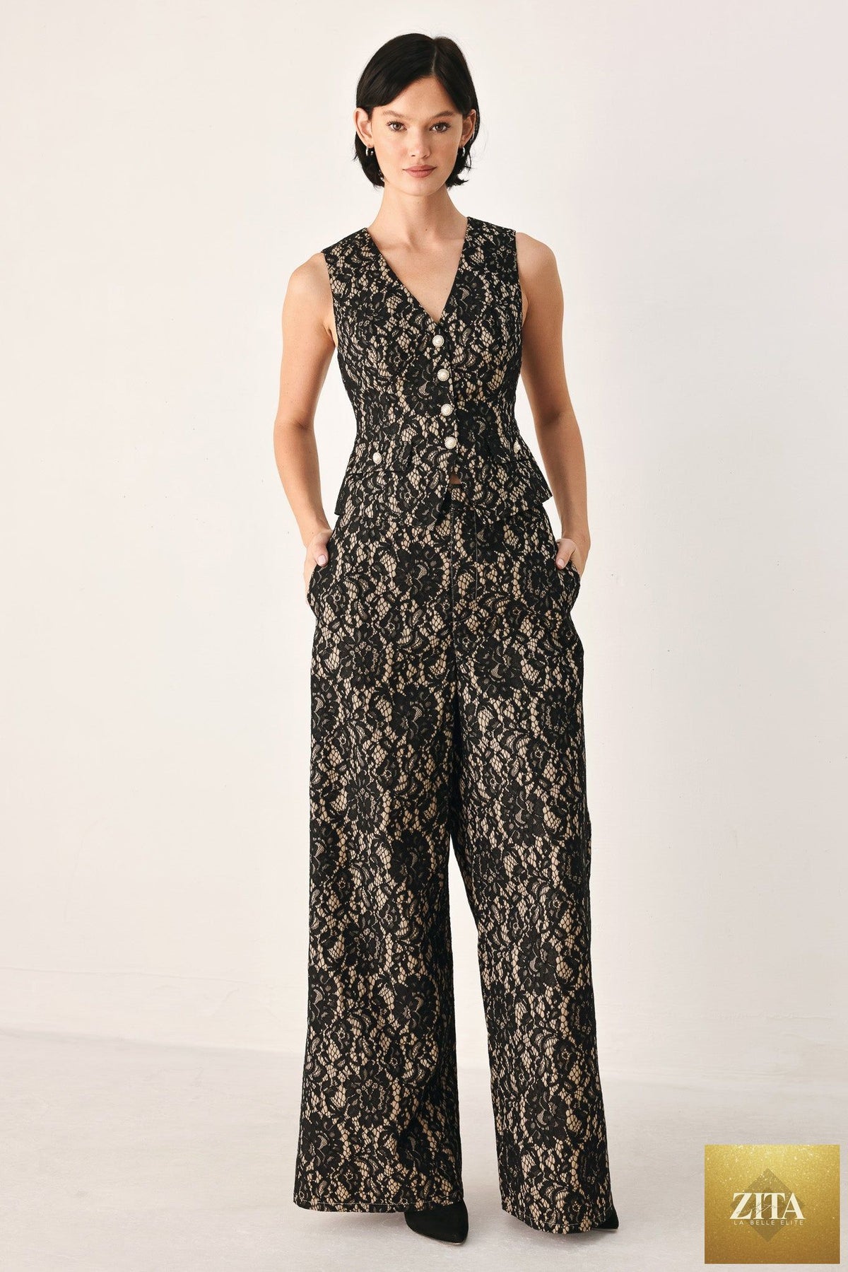 LACE THEORY BLACK/CAMEL WOVEN VEST