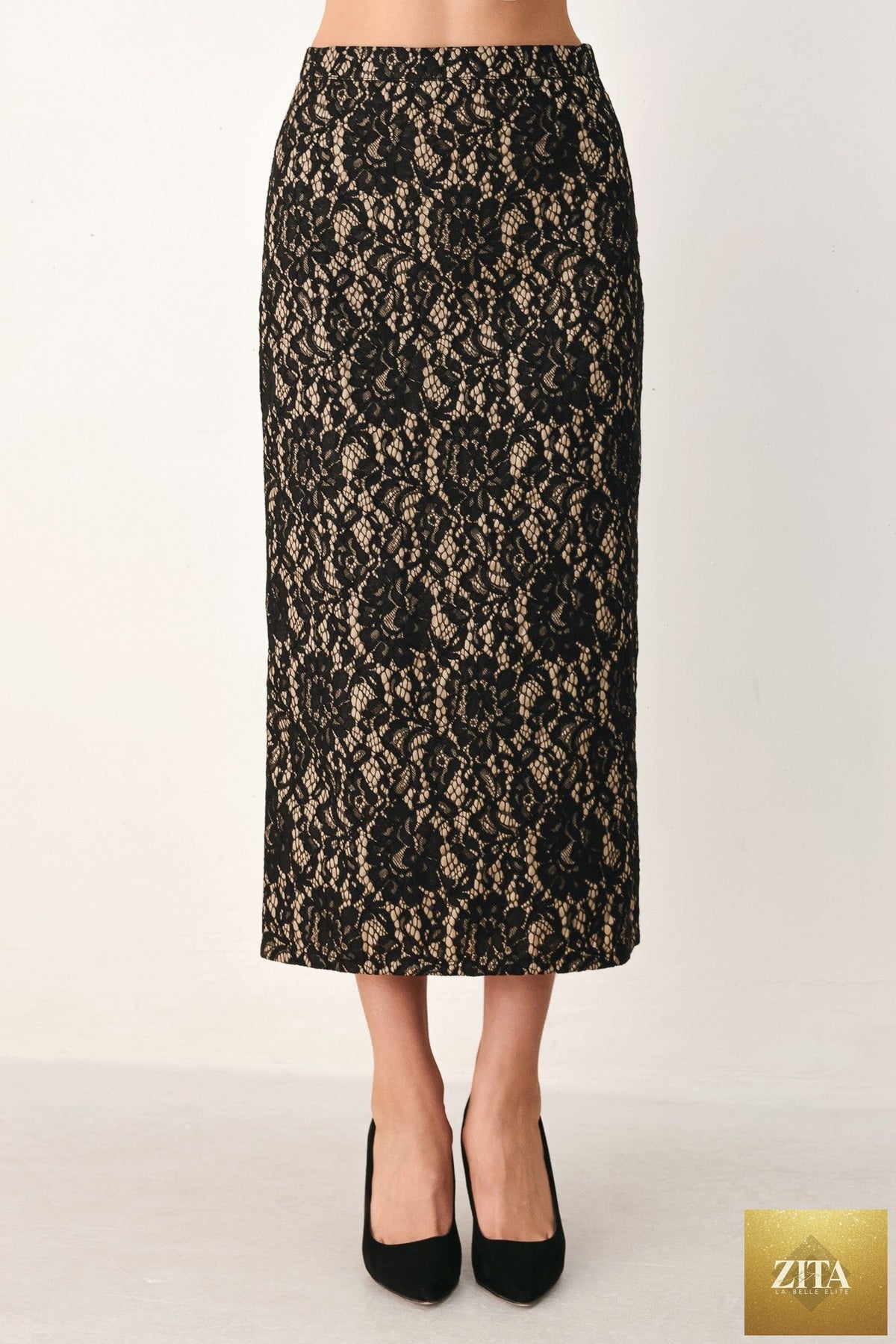 LACE THEORY BLACK LACE PENCIL MIDI SKIRT