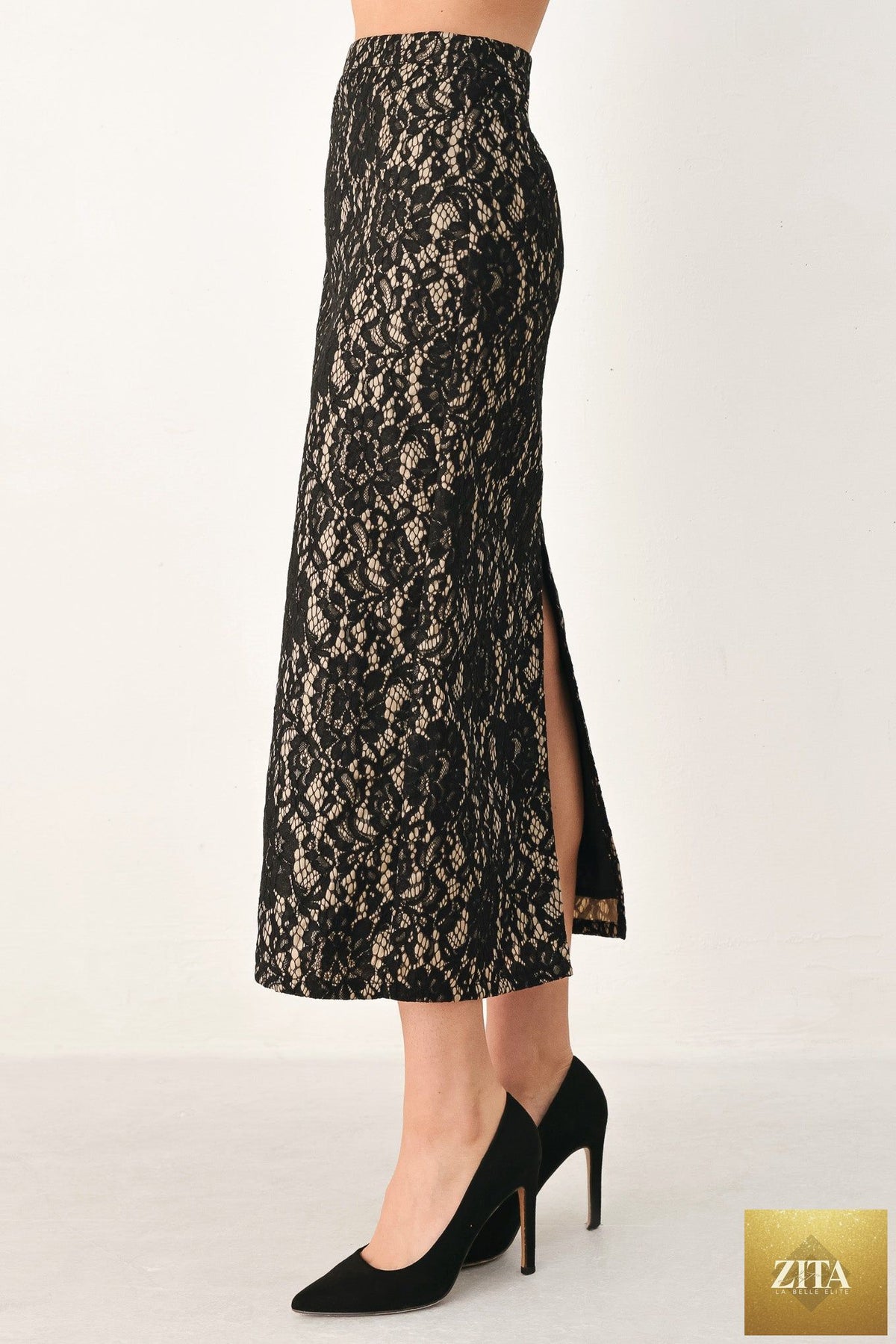 LACE THEORY BLACK LACE PENCIL MIDI SKIRT