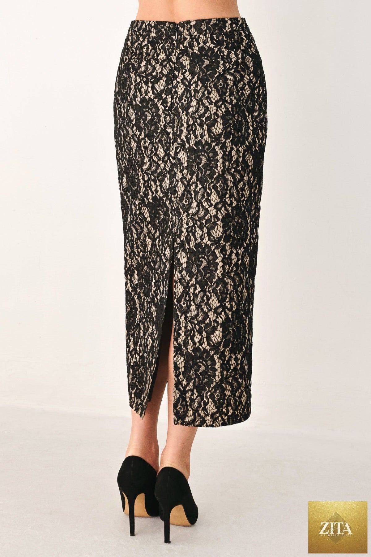 LACE THEORY BLACK LACE PENCIL MIDI SKIRT
