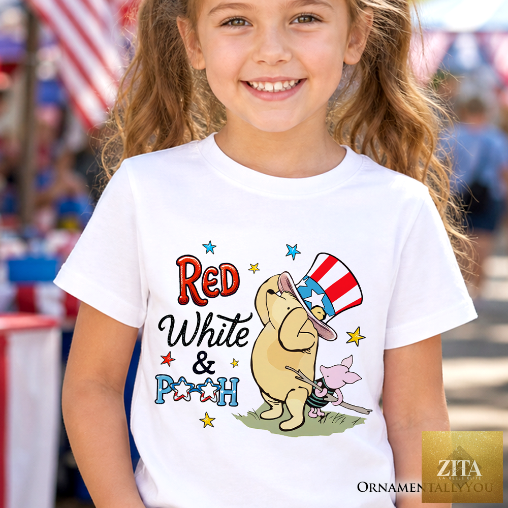 Kids' red, white, and blue Winnie-the-Pooh T-shirt featuring patriotic design, ideal for 4th of July celebrations.