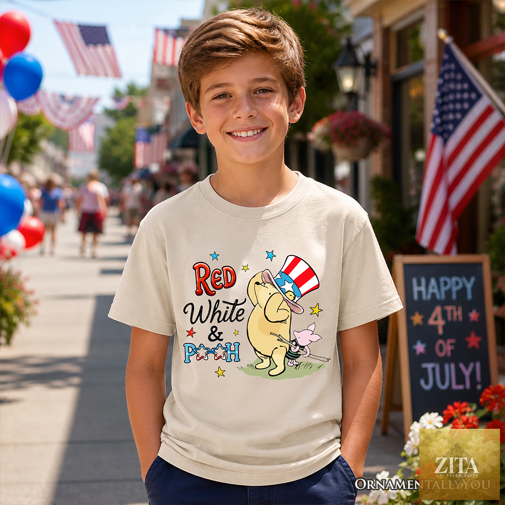Kids' red, white, and blue Winnie-the-Pooh T-shirt featuring patriotic 4th of July design by OrnamentallyYou.