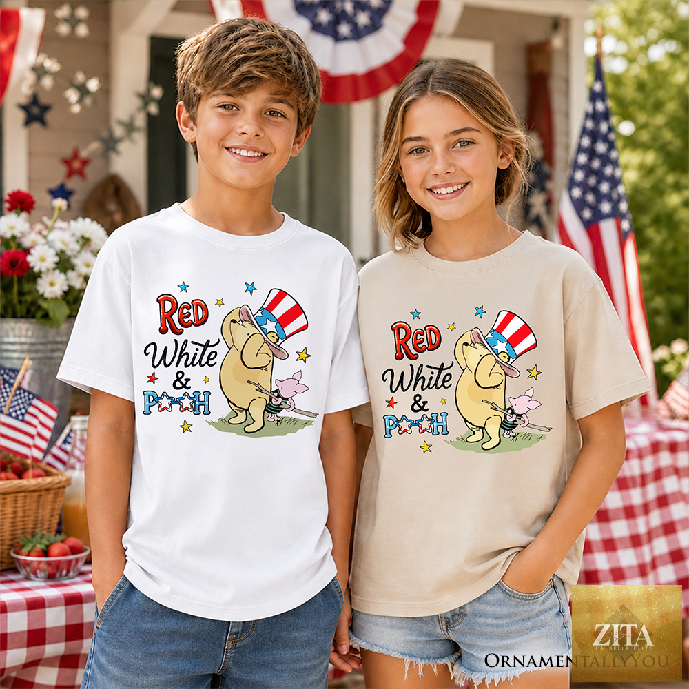 Kids' red, white, and blue Winnie-the-Pooh T-shirt by OrnamentallyYou featuring patriotic 4th of July design with A.A. Milne theme.