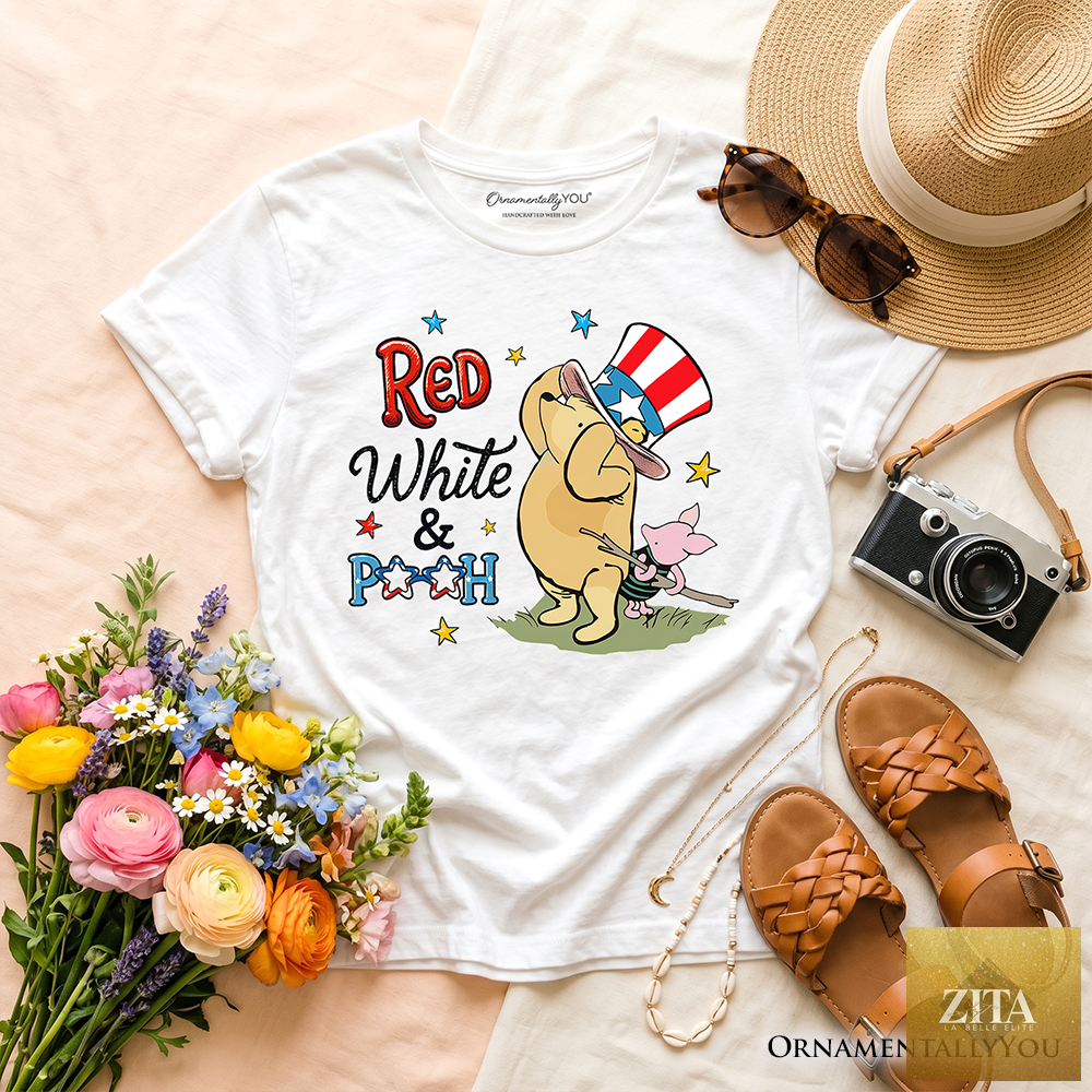 Kids red, white, and proud Winnie-the-Pooh T-shirt featuring patriotic 4th of July design, from OrnamentallyYou.
