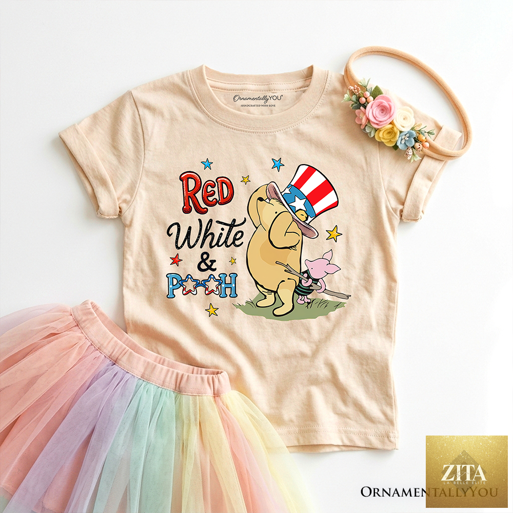 Kids' red, white, and blue Winnie-the-Pooh T-shirt with patriotic 1926 A.A. Milne design, ideal for 4th of July celebrations.