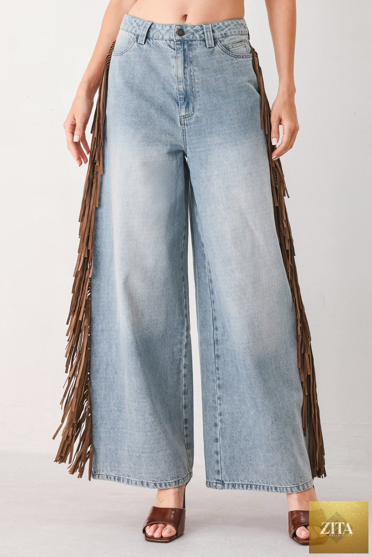 Flying Tomato Nashville side washed denim pants in light brown, showcasing relaxed fit and classic denim texture.
