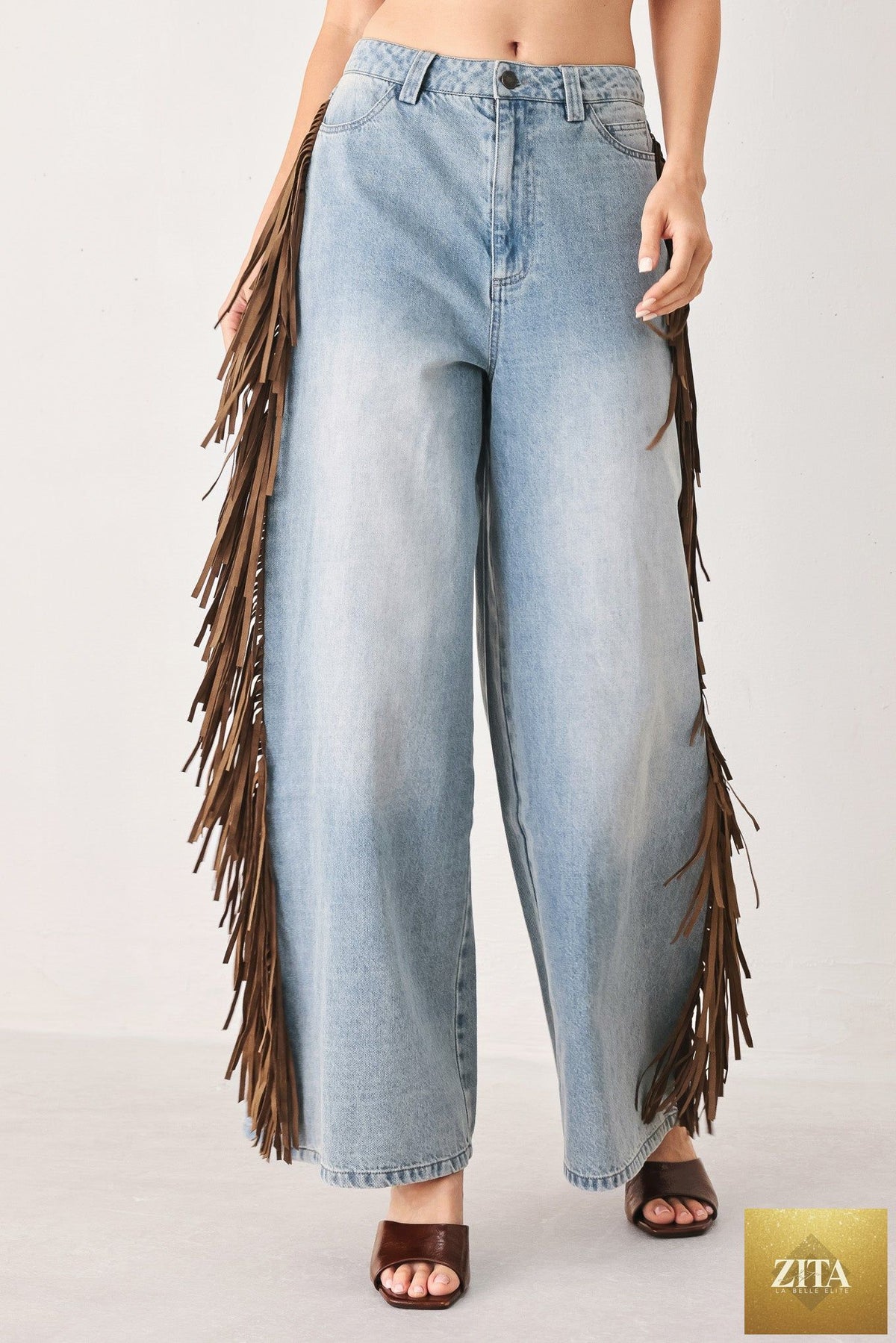 Flying Tomato Nashville side washed denim pants in light brown, showcasing relaxed fit and subtle fading detail.