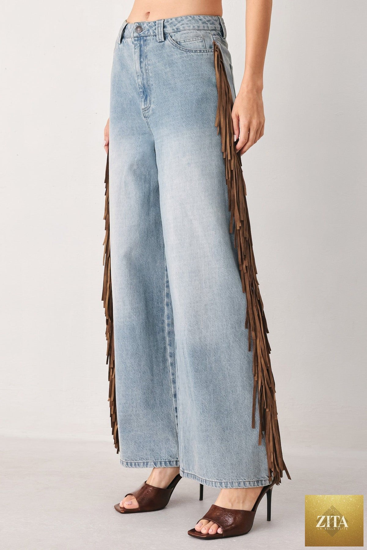 Flying Tomato Nashville side washed denim pants in light brown denim, featuring a relaxed fit and classic five-pocket design.