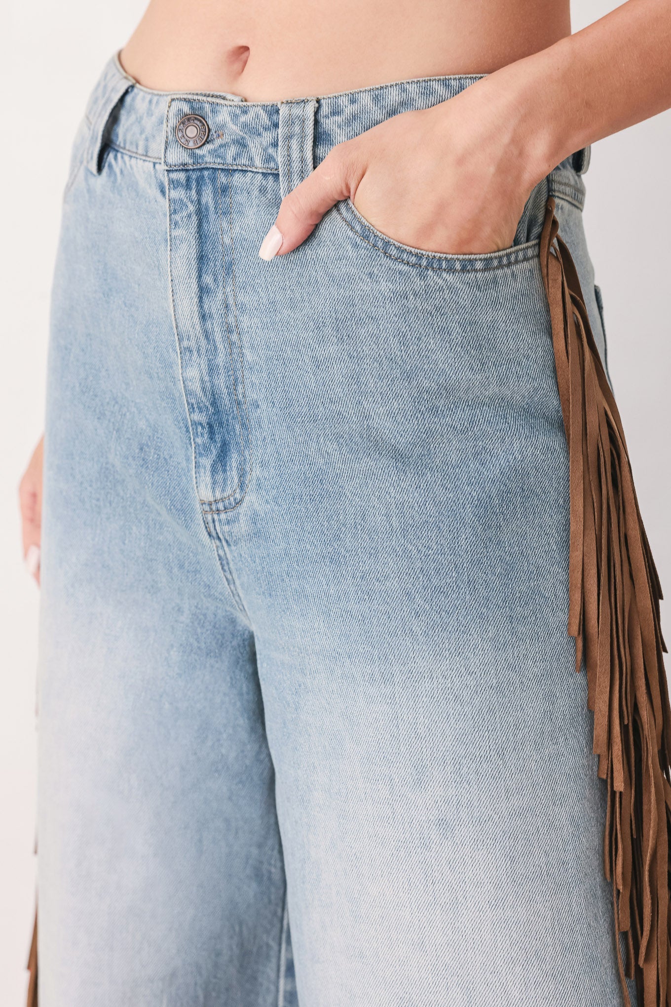 Light washed brown denim pants by Flying Tomato, Nashville side washed denim pants, casual fit, front view.