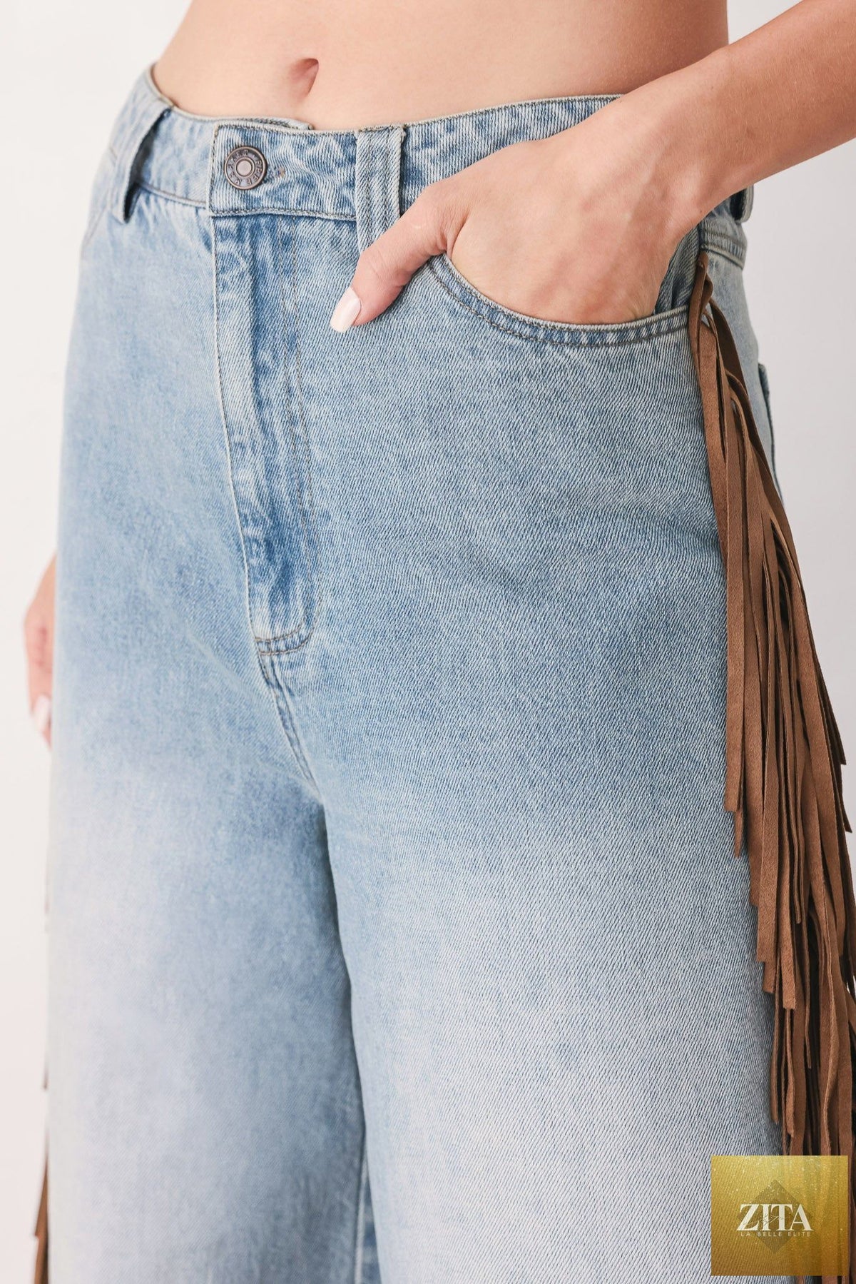 Flying Tomato Nashville side washed denim pants in light brown denim, showing the relaxed fit and detailed stitching.