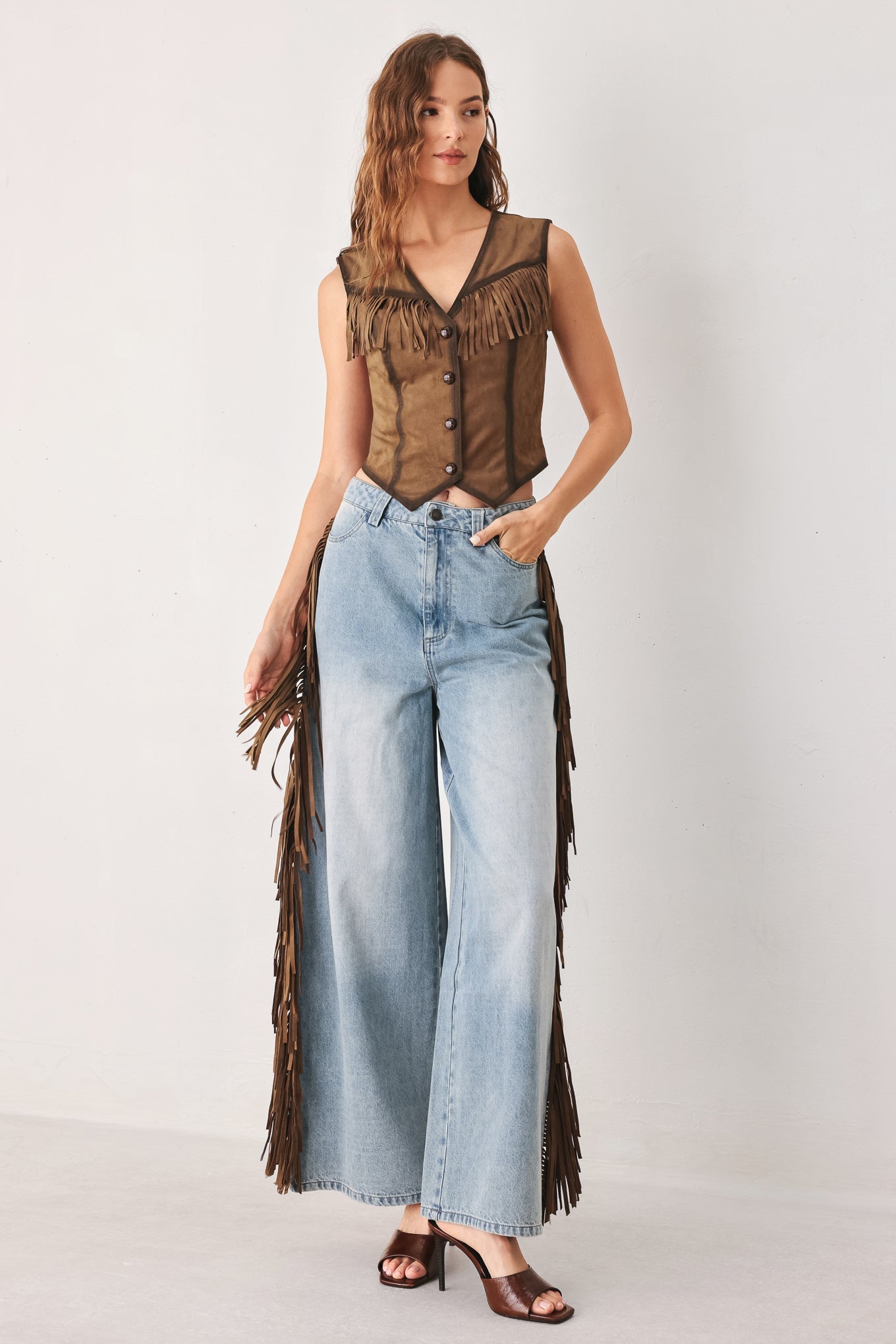 Flying Tomato Nashville side washed denim pants in light brown with a relaxed fit and classic five-pocket design.