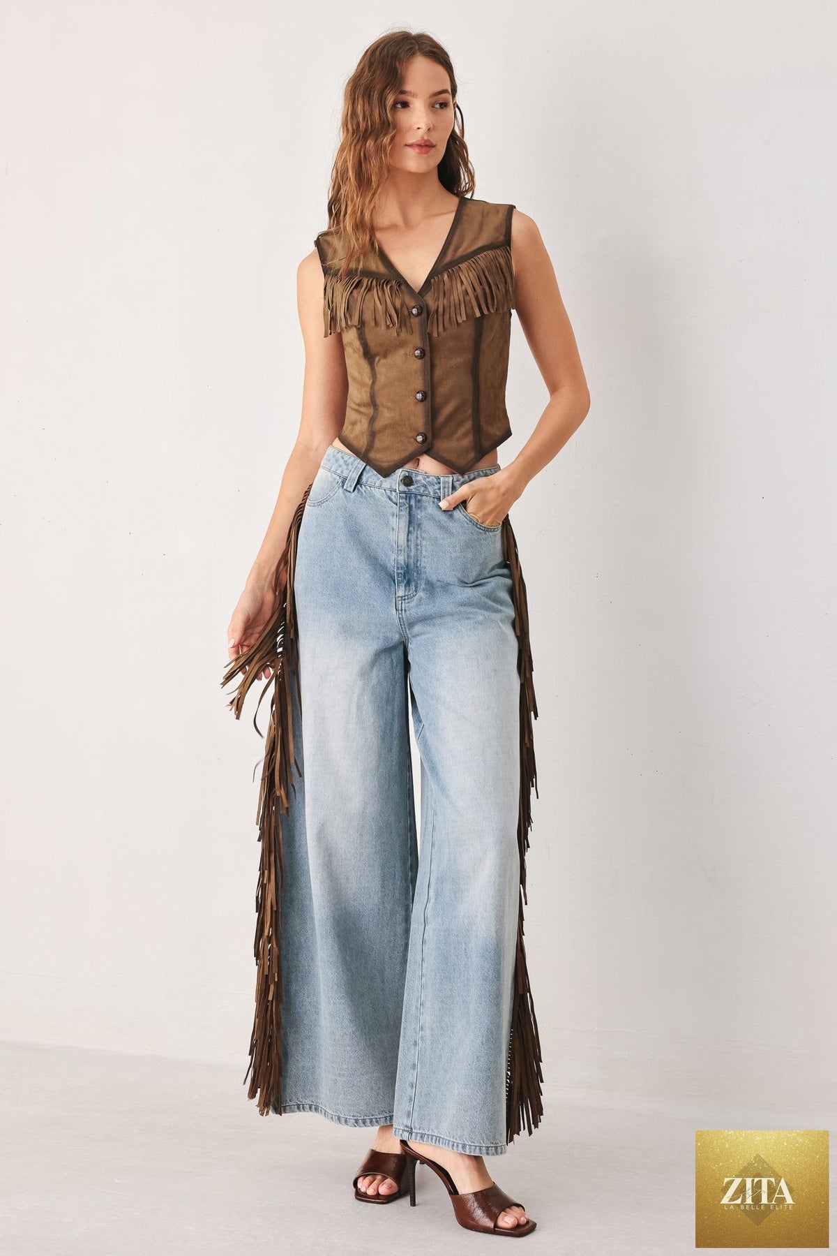 Flying Tomato Nashville side washed denim pants in light brown denim, featuring a classic fit and subtle wash details.