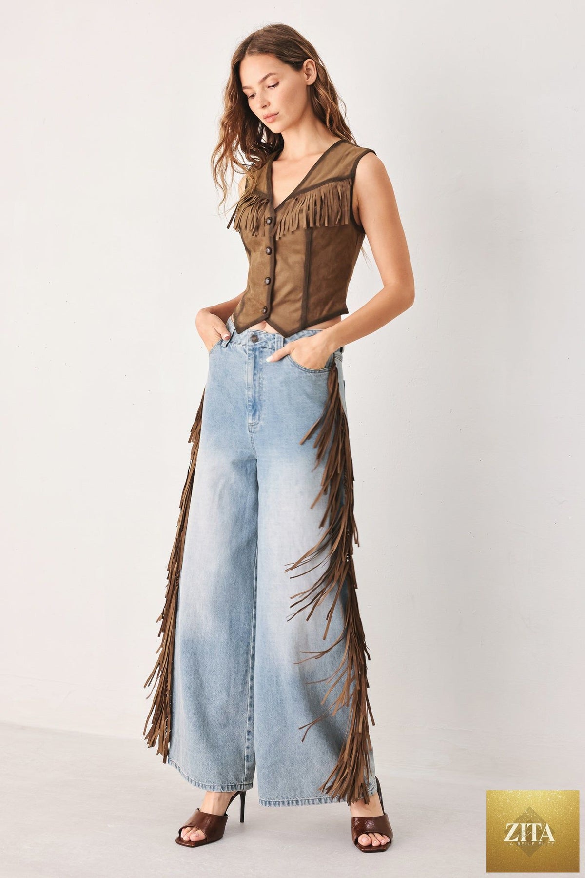 Flying Tomato Nashville side washed denim pants in light brown with a relaxed fit and classic five-pocket design.