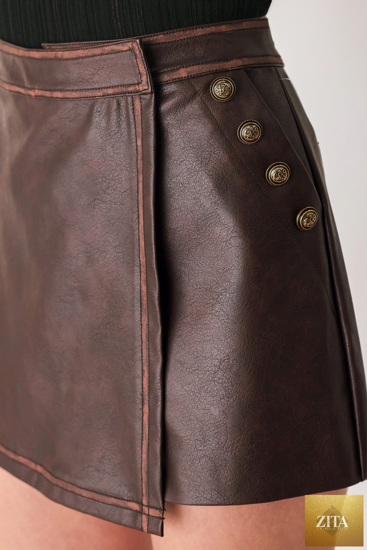 SADDLE STREET BROWN FAUX LEATHER WRAP SKORT