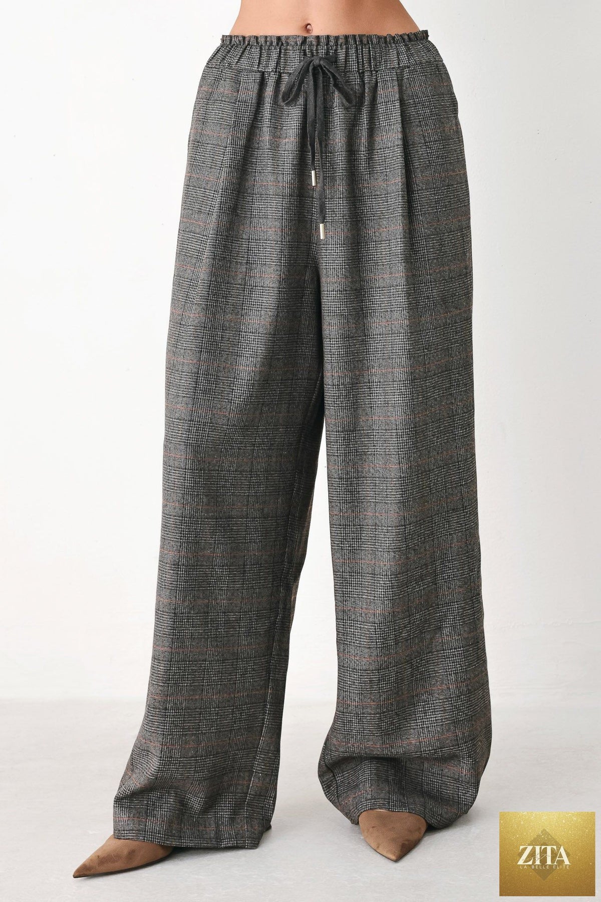 OFF THE CLOCK PLAID DRAWSTRING WIDE LEG PANTS