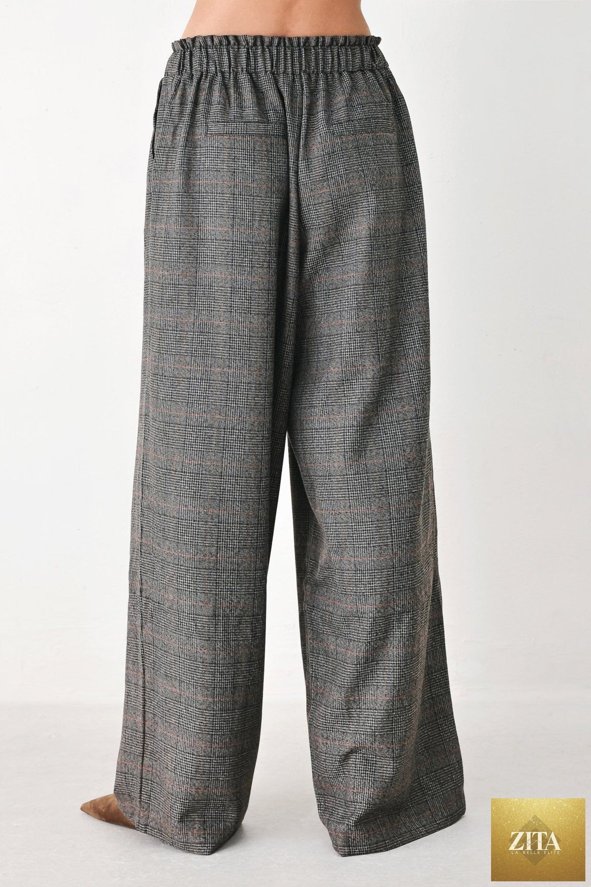 OFF THE CLOCK PLAID DRAWSTRING WIDE LEG PANTS