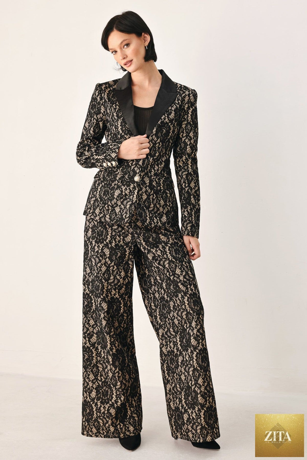 LACE THEORY BLACK/CAMEL LACE WIDE-LEG PANTS