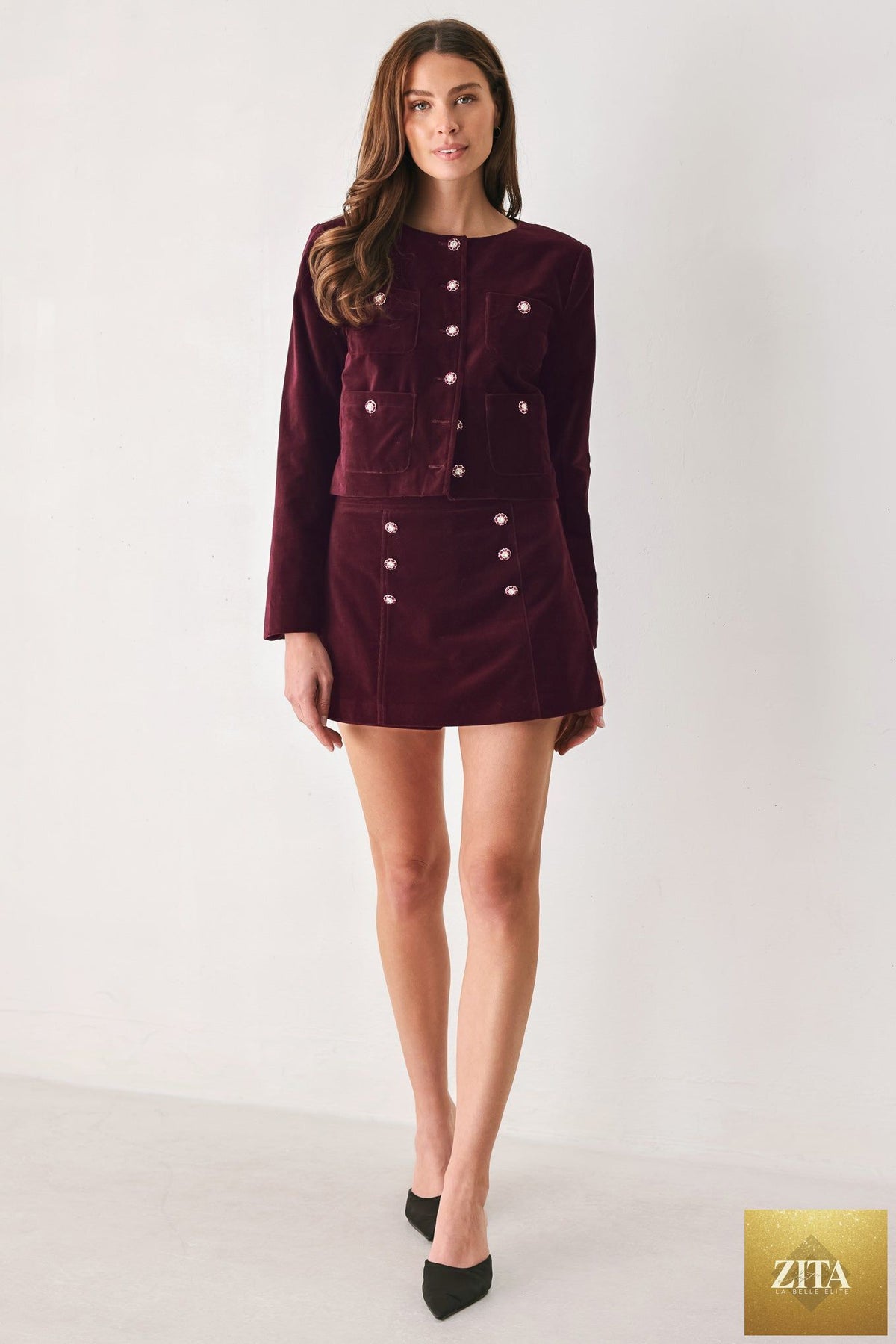 BORDEAUX VELVET BURGUNDY BUTTON-DETAIL SKORT