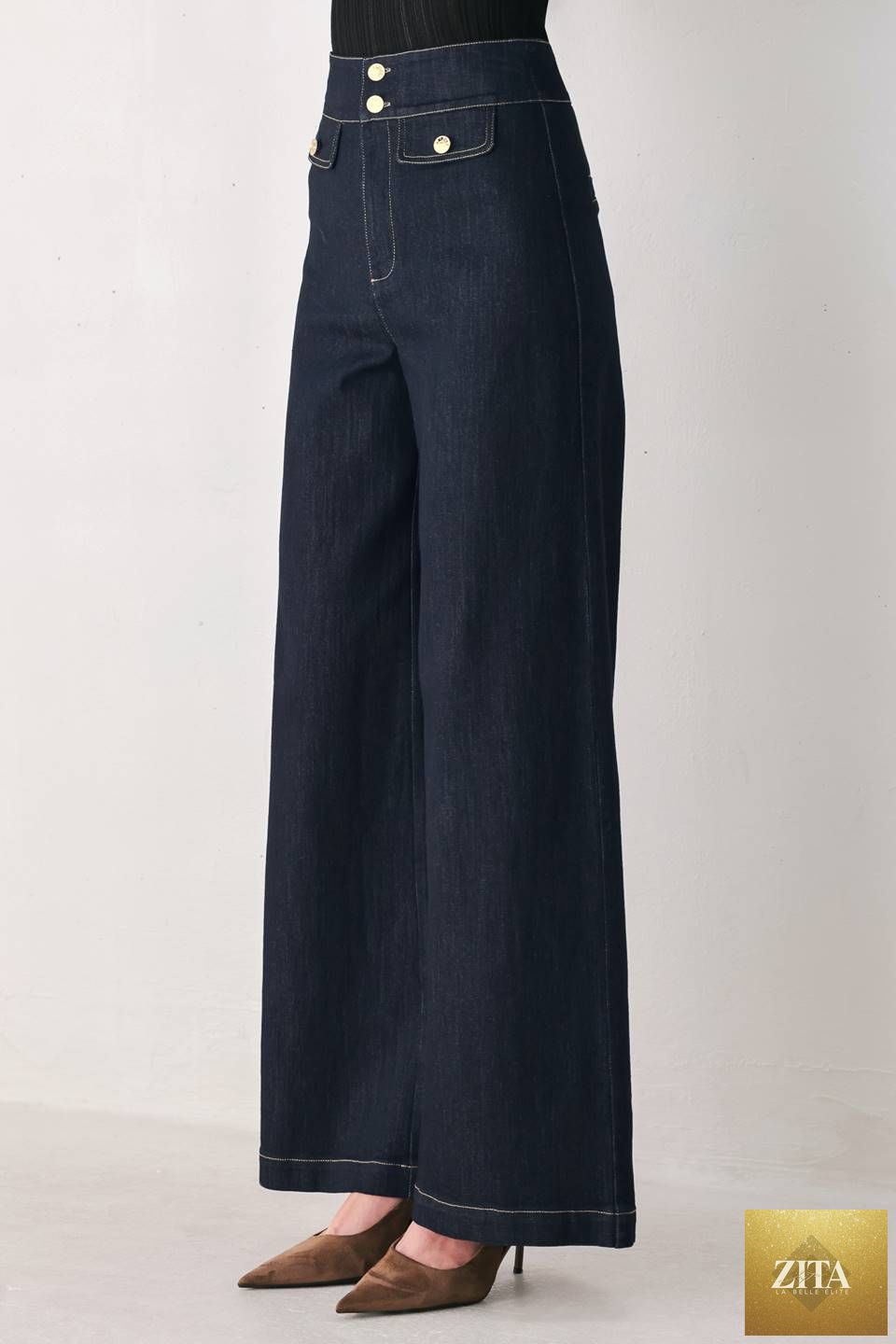 INDIGO ICON DARK INDIGO BUTTON-DETAIL WIDE-LEG JEANS