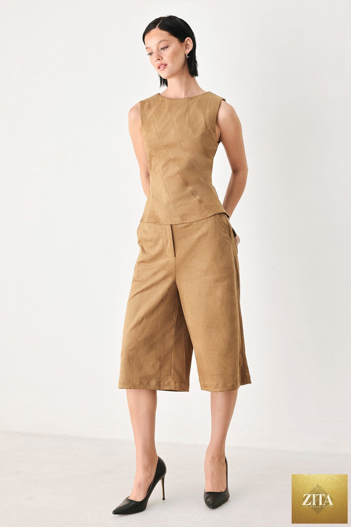 DESERT MOD CAMEL FAUX SUEDE BERMUDA PANTS