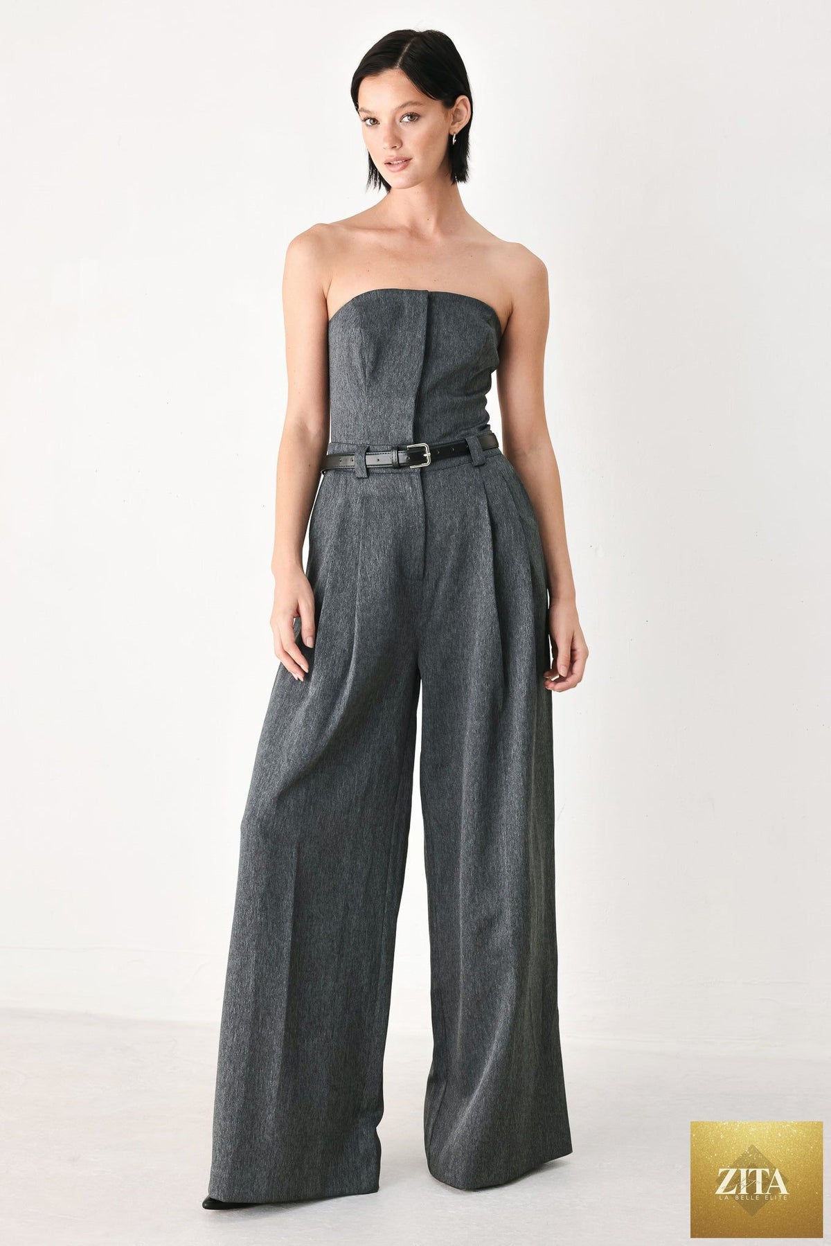 POWER HOUR STRAPLESS BELTED JUMPSUIT