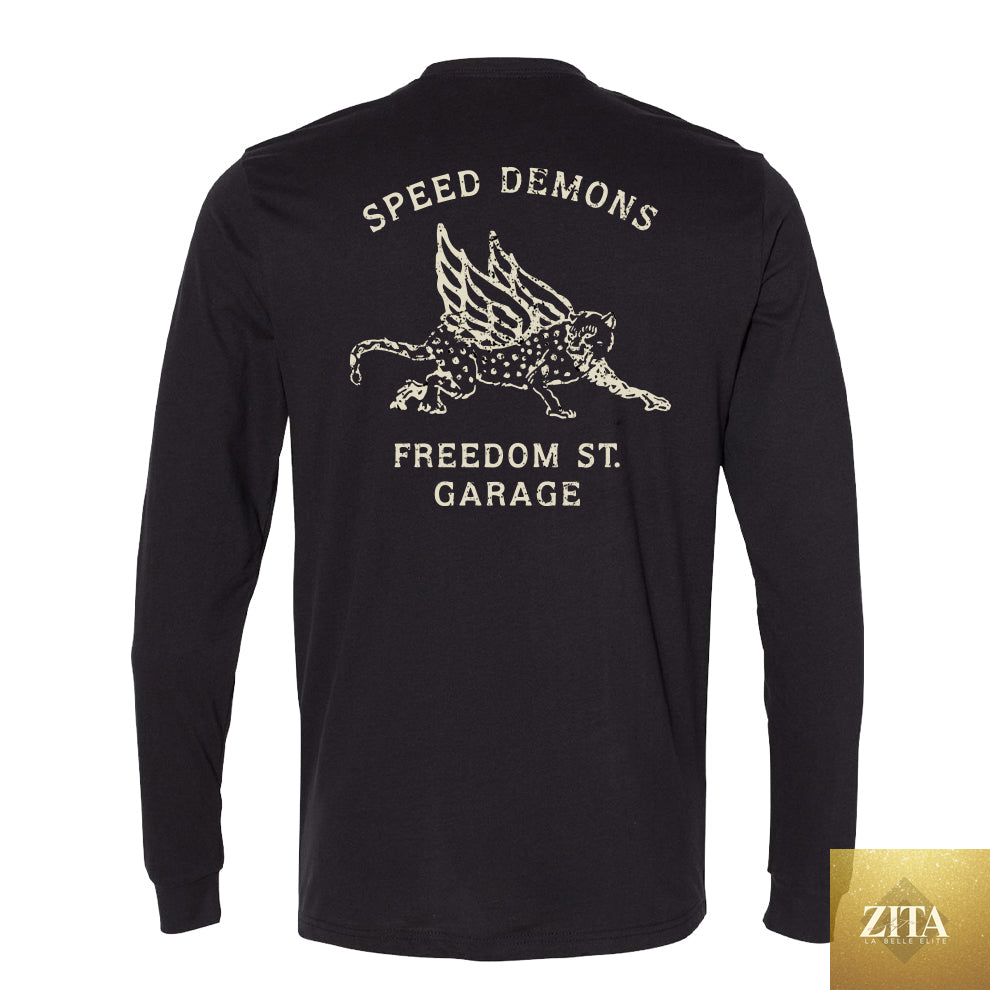 Freedom Street Garage Speed Demons long sleeve T-shirt featuring bold graphic design and comfortable fit, shown on a hanger.