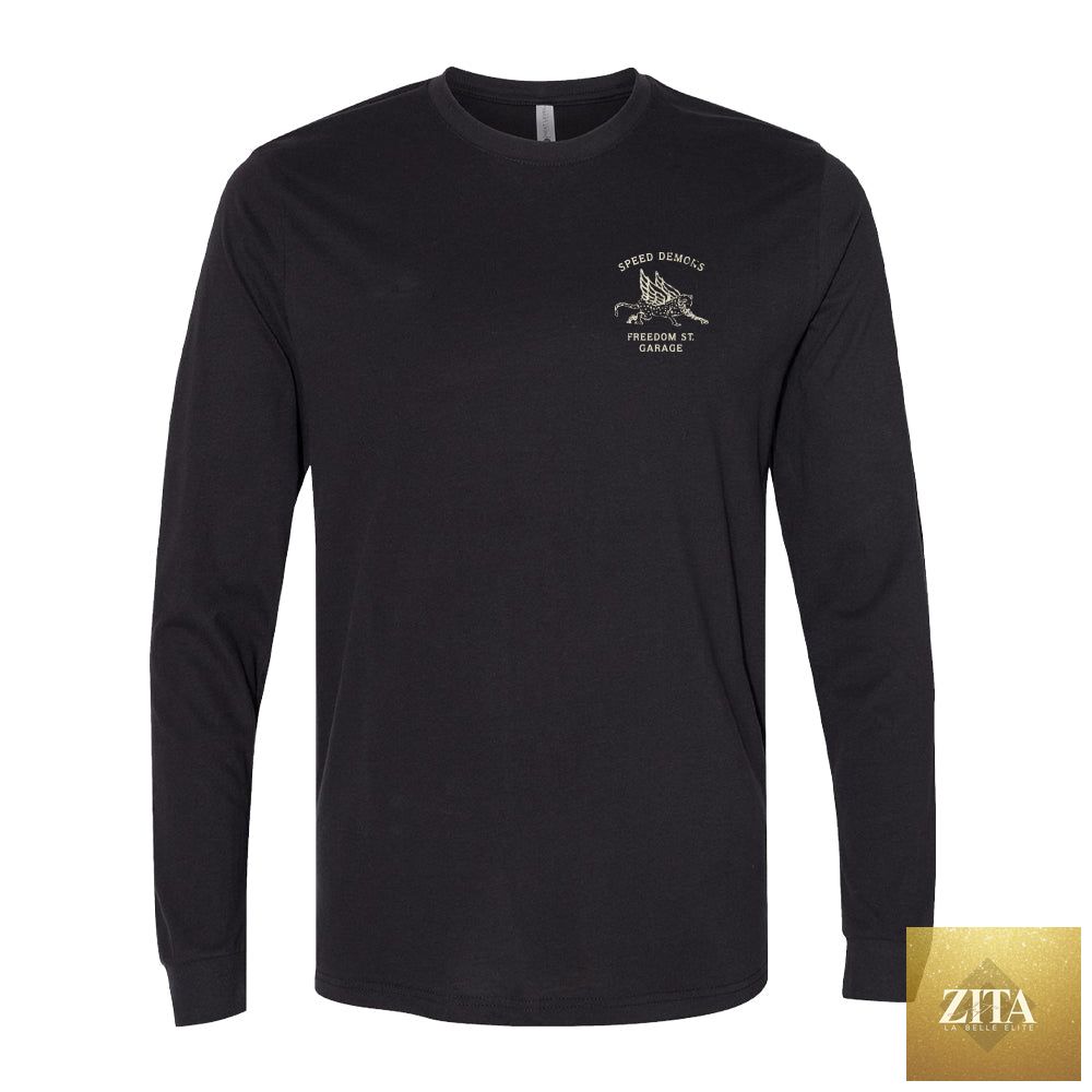 Long sleeve T-shirt by Freedom Street Garage featuring Speed Demons graphic design in black and white.