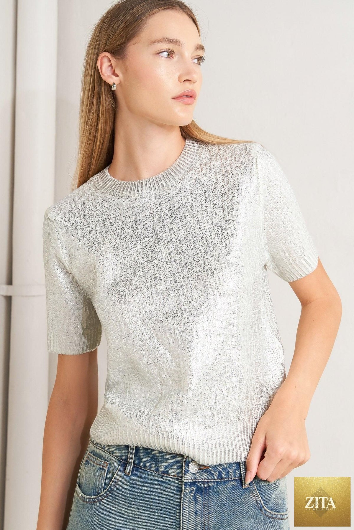 MOONLIT SHIMMER SILVER FOIL SHORT-SLEEVE SWEATER TOP
