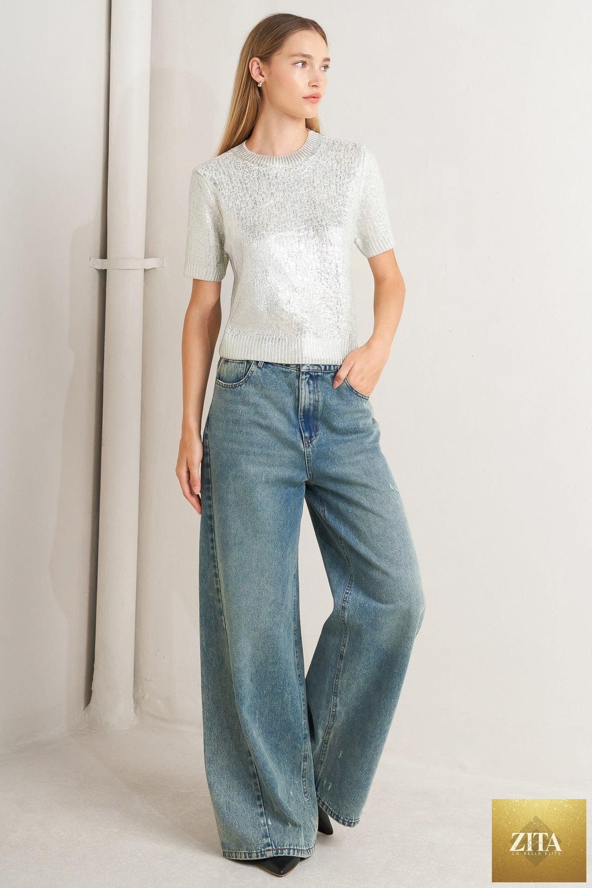 MOONLIT SHIMMER SILVER FOIL SHORT-SLEEVE SWEATER TOP