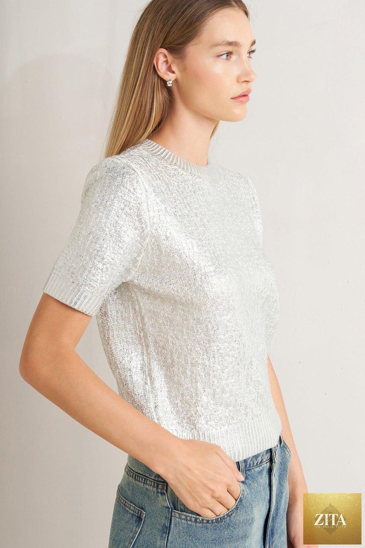 MOONLIT SHIMMER SILVER FOIL SHORT-SLEEVE SWEATER TOP
