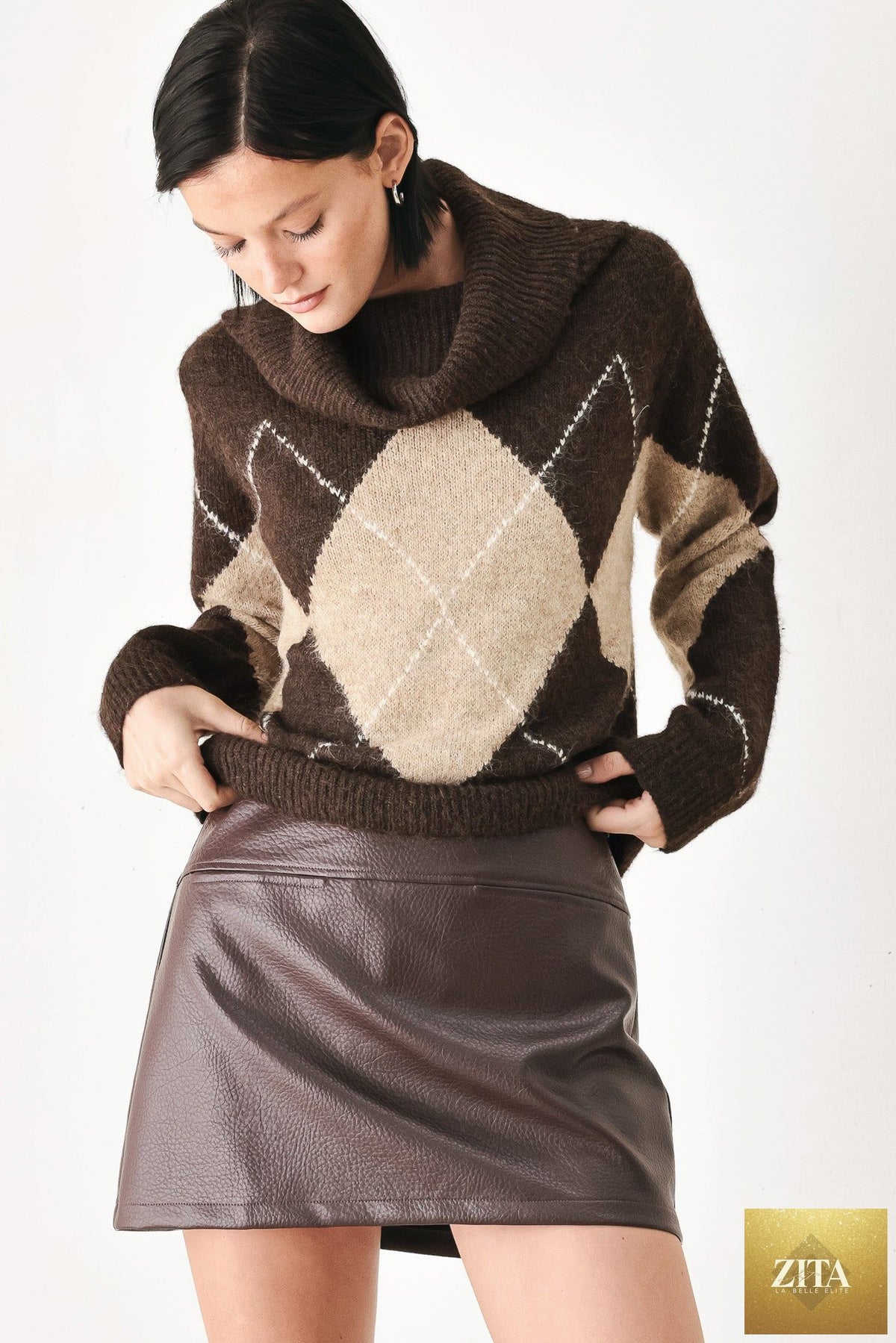 COZY MOMENTS BROWN ARGYLE COWL NECK SWEATER