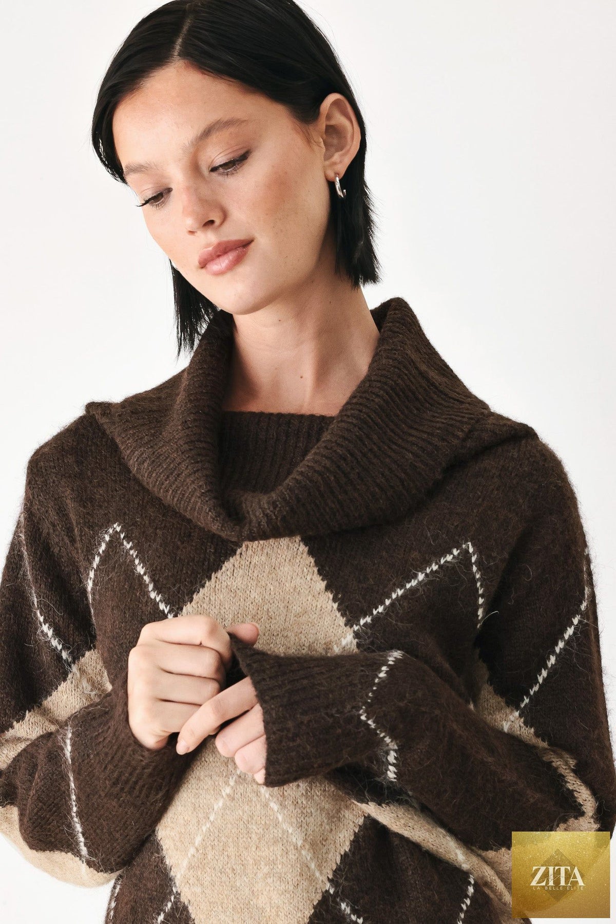 COZY MOMENTS BROWN ARGYLE COWL NECK SWEATER
