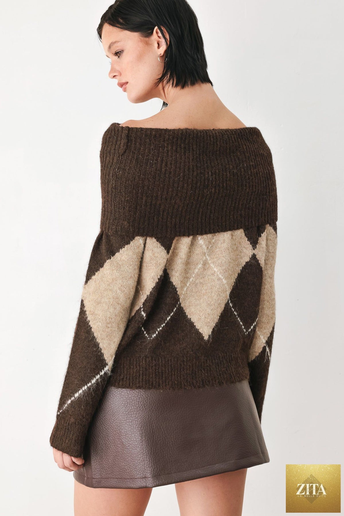 COZY MOMENTS BROWN ARGYLE COWL NECK SWEATER