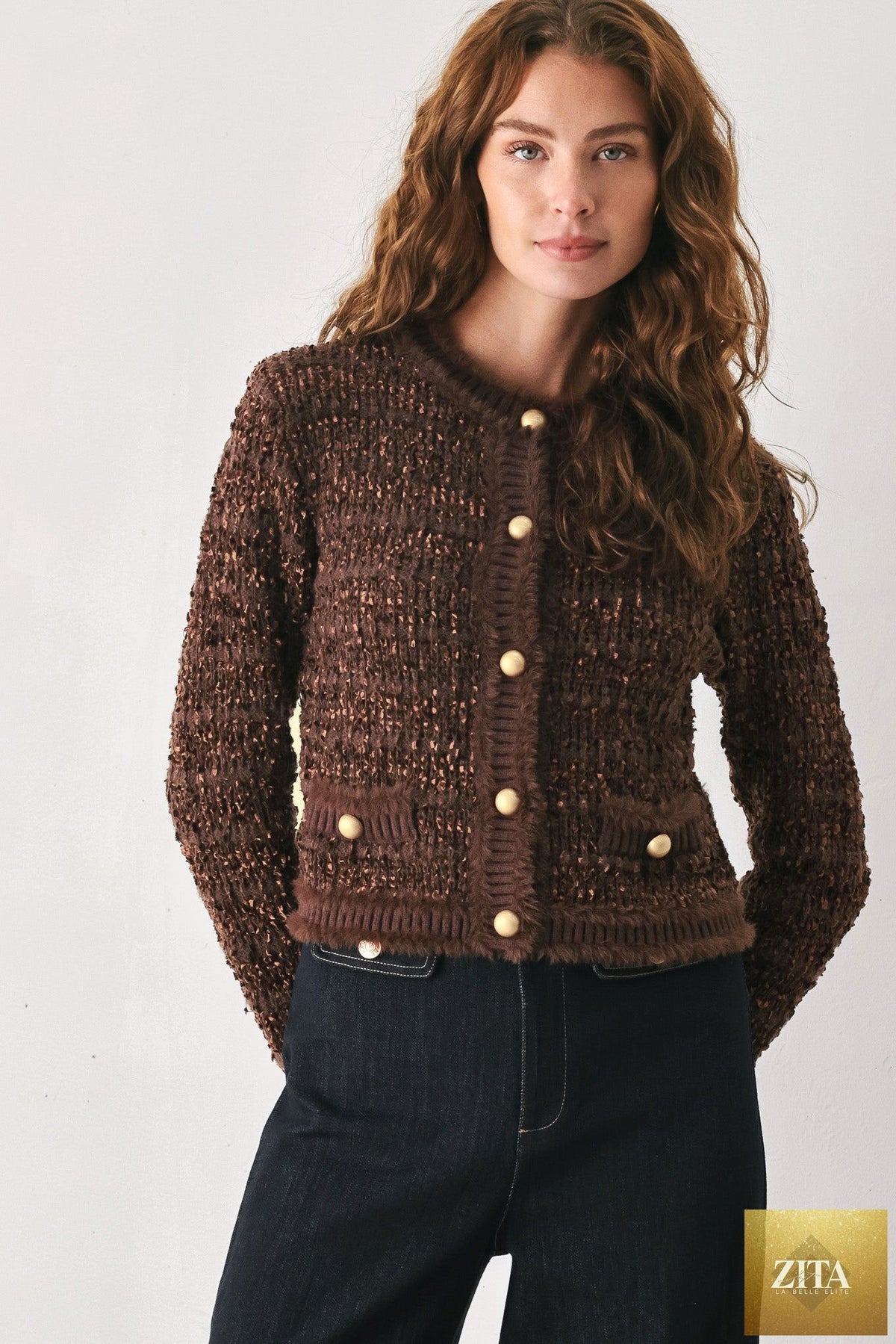 GEMSTONE GLOW BROWN JEWEL-BUTTON CROPPED CARDIGAN