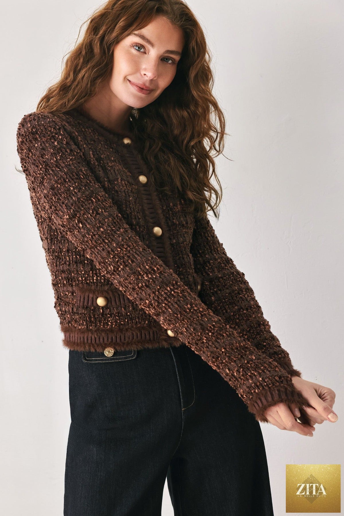 GEMSTONE GLOW BROWN JEWEL-BUTTON CROPPED CARDIGAN