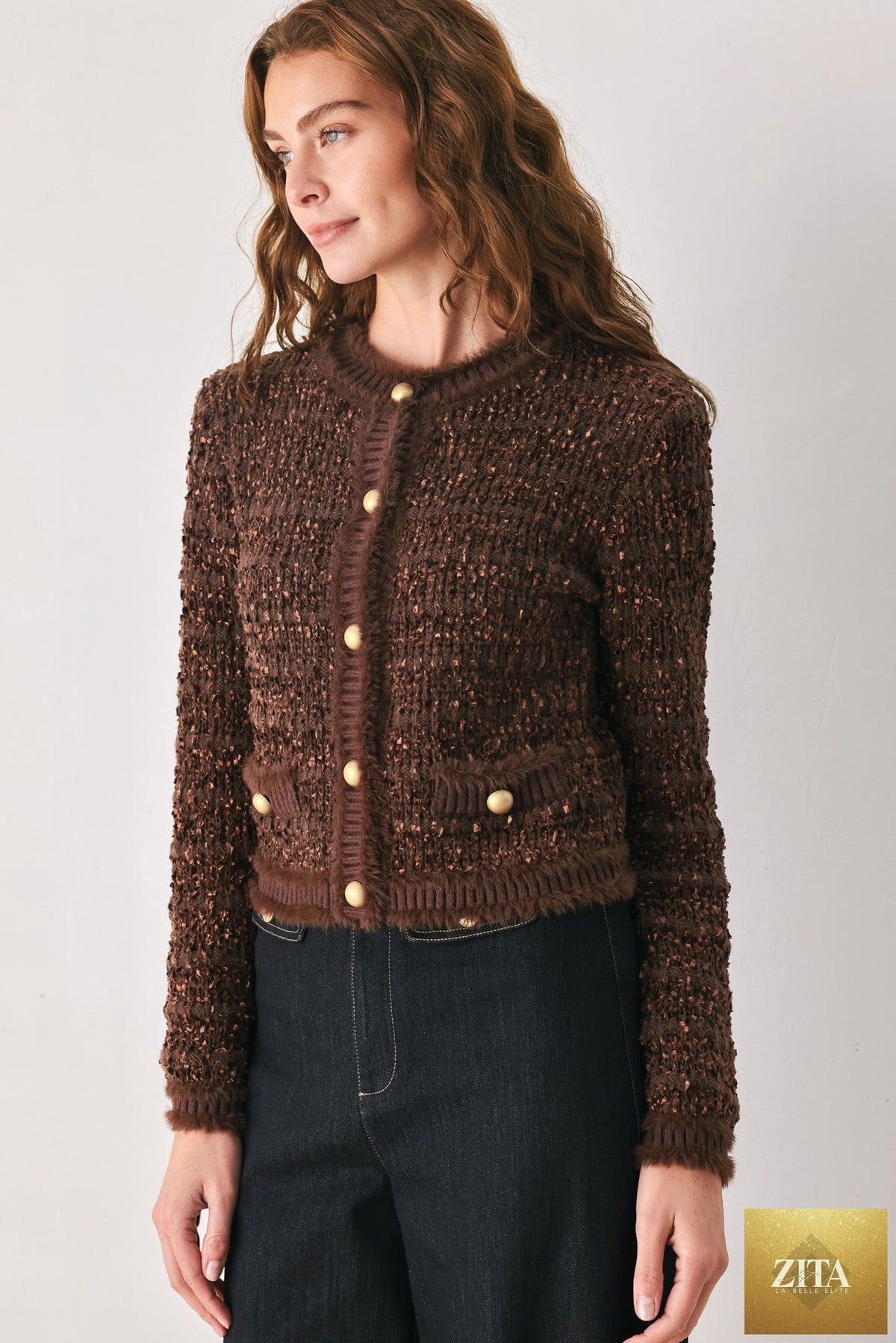 GEMSTONE GLOW BROWN JEWEL-BUTTON CROPPED CARDIGAN